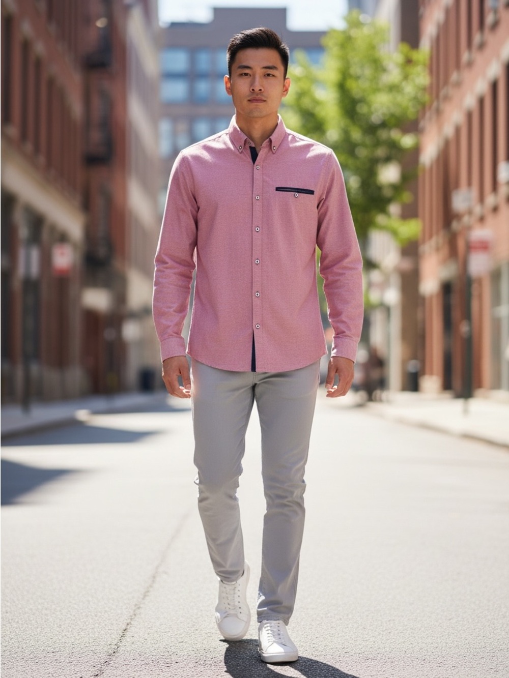Craft + Flow Men's Heathered Pink Button Down Shirt Contrast Cuff Size Large